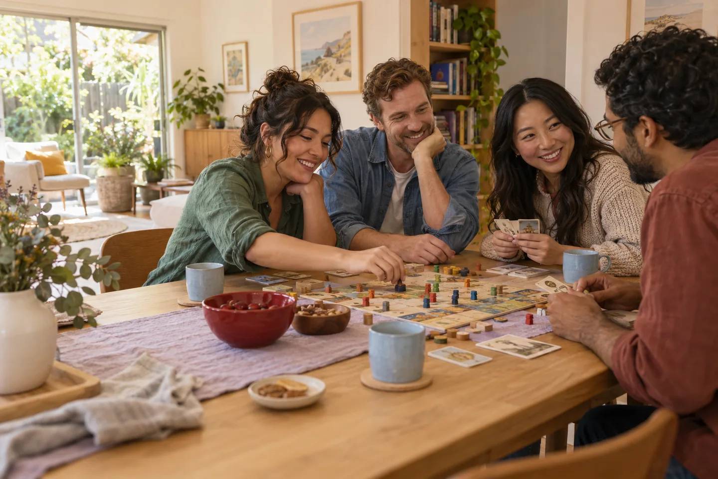 Four friends sharing a board game around a lilac-covered table