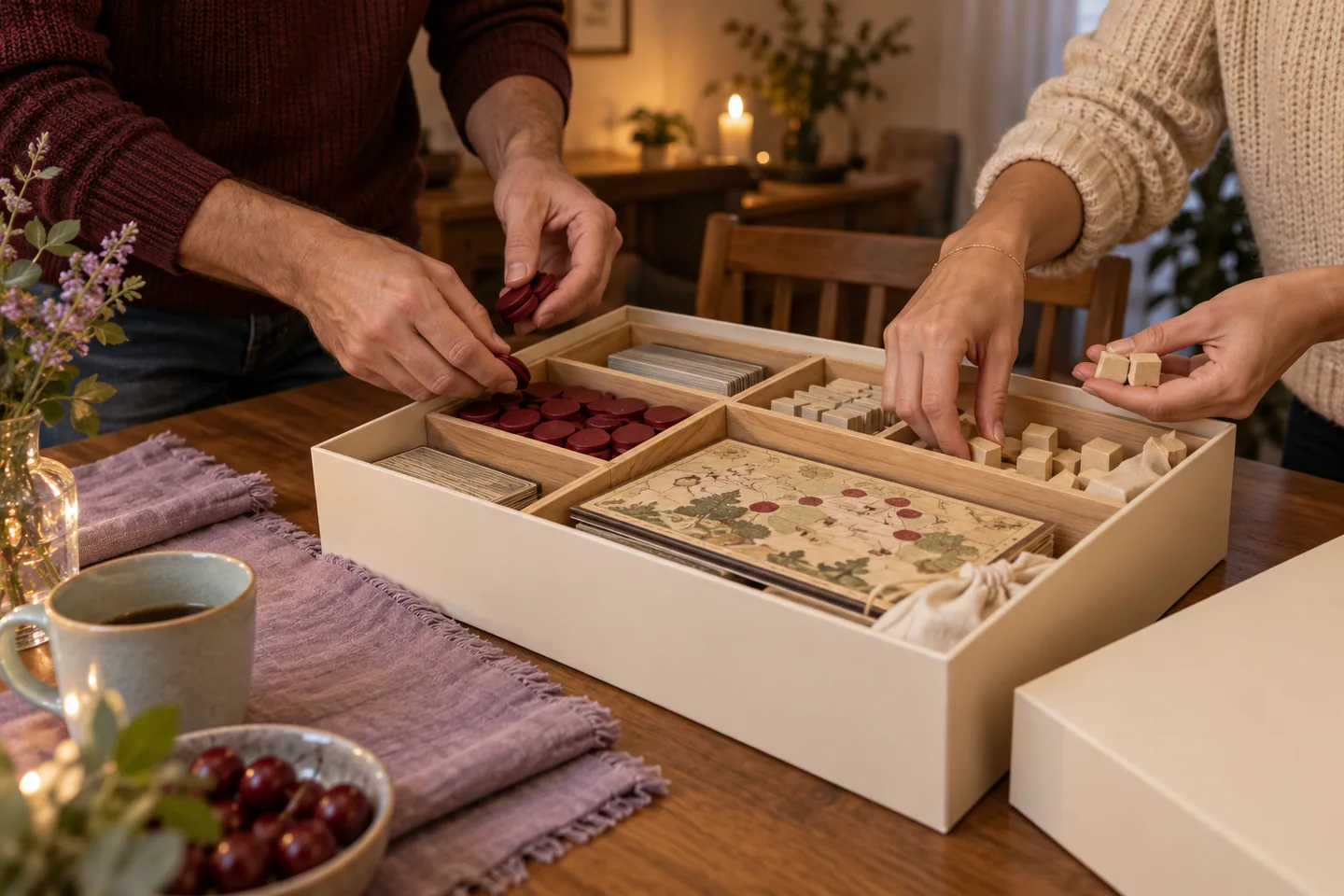 Friends returning wooden game components to a plain box