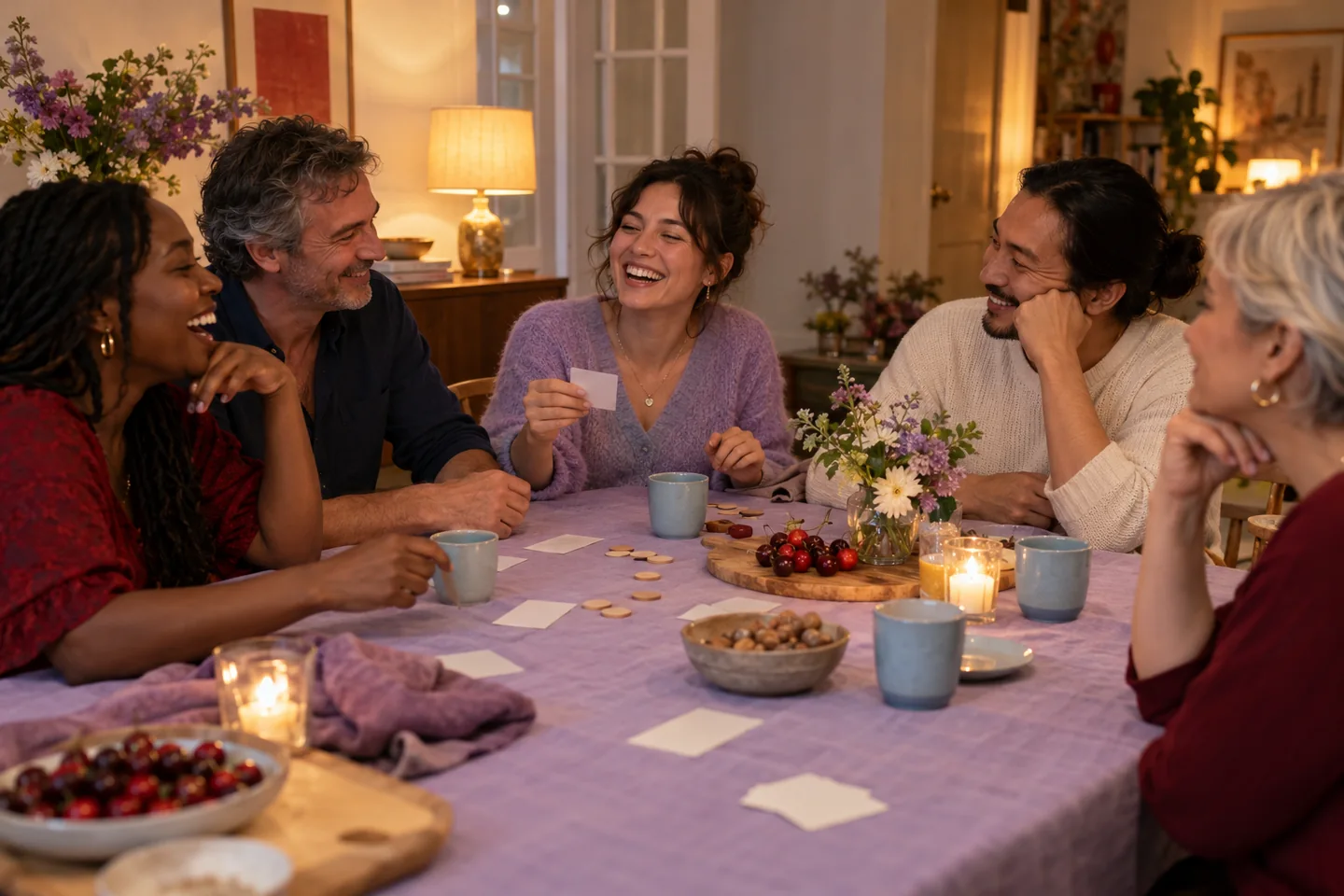 A group laughing around a table during a conversation game